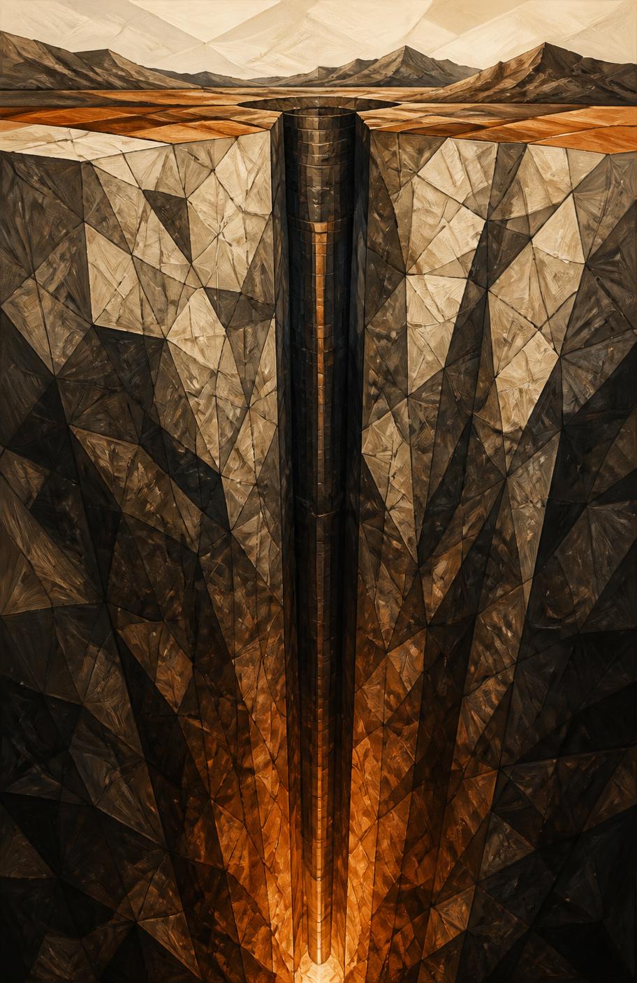 Faceted painted cross section of a deep borehole descending through granite