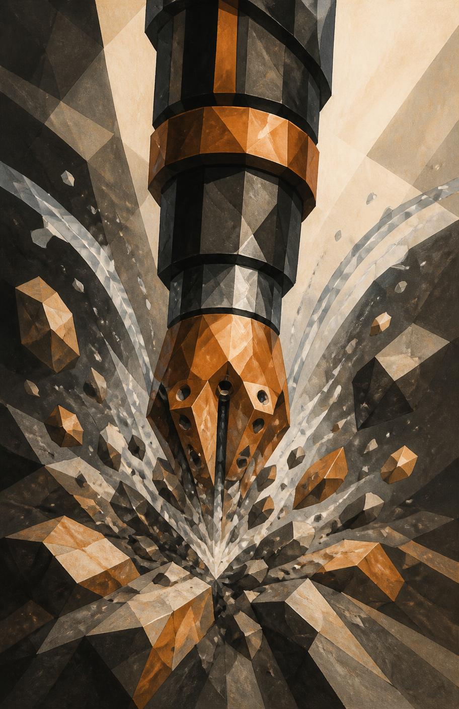 Faceted painted illustration of a water hammer drill bit striking rock