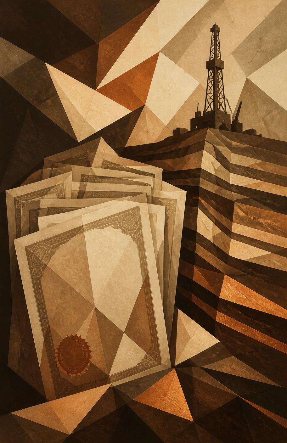 Faceted painted illustration of share certificates beside rock strata and a drill rig