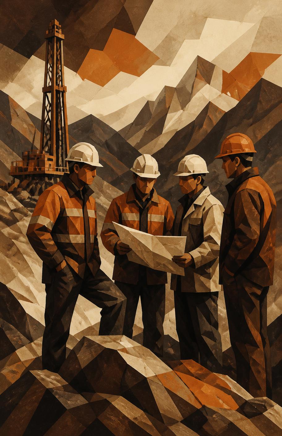 Faceted painted illustration of drillers and engineers on a rocky ridge
